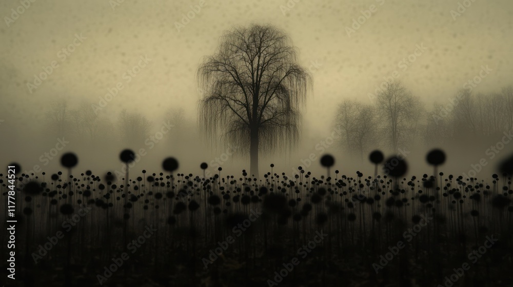 Isolated Tree and Flowers in a Misty Garden Setting Isolated Tree and Flowers in a Misty Garden Setting