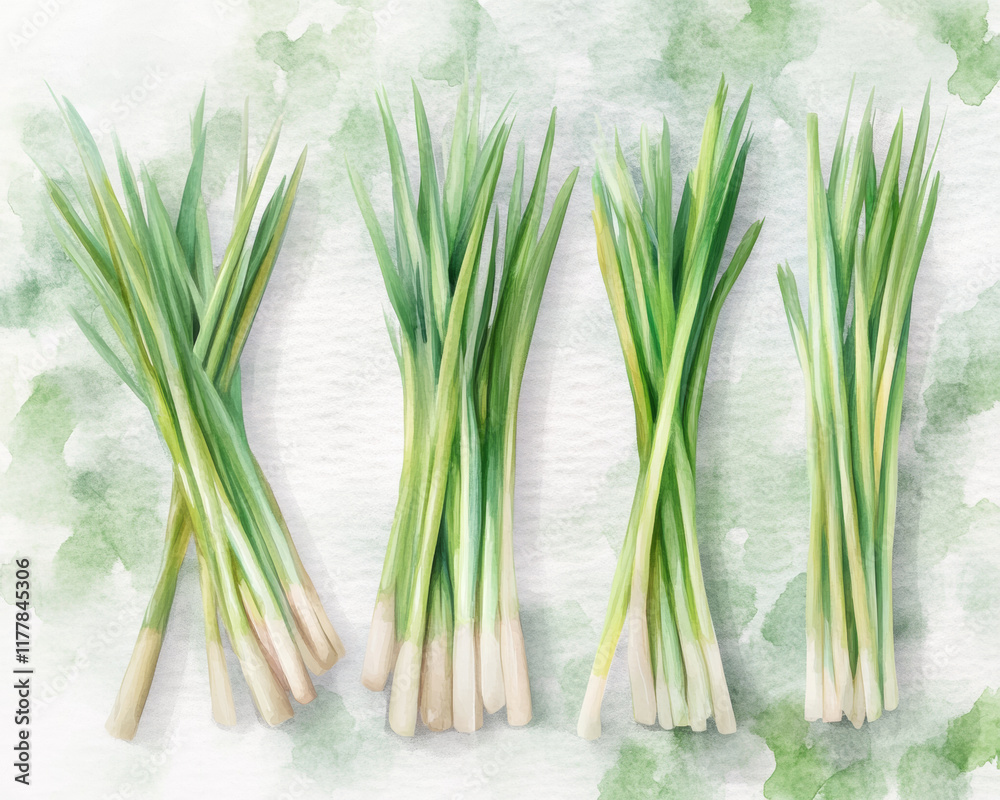 Flat lay of lemon grass with soft watercolor designs creating a peaceful vibe. Flat lay of lemon grass with soft watercolor designs creating a peaceful vibe.