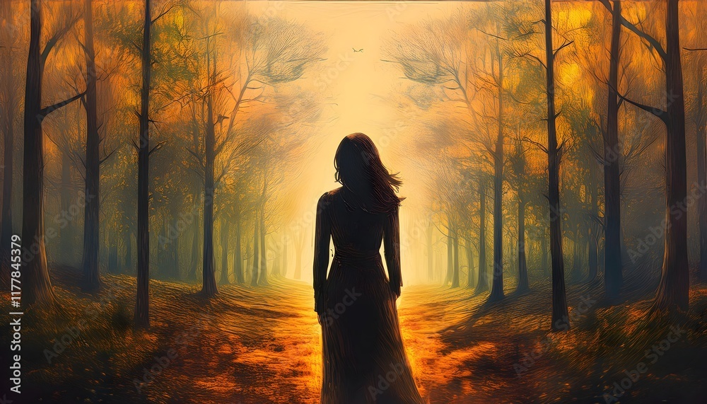 Alone woman silhouette back view. Loneliness, calm and meditation concept. Painted girl in nature Alone woman silhouette back view. Loneliness, calm and meditation concept. Painted girl in nature