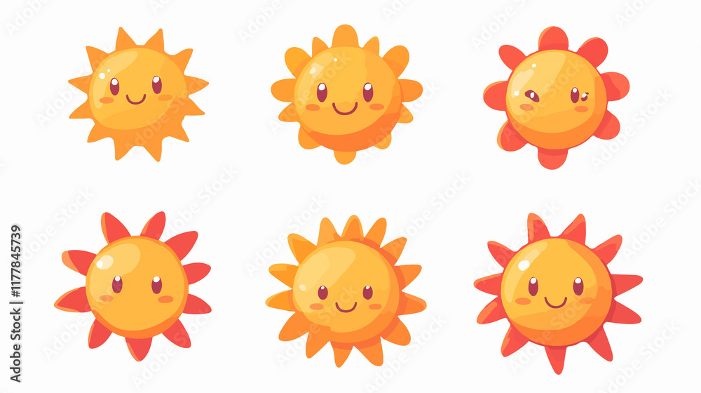 Obraz premium Cute vector sun icons in Kawaii style for design projects. White background isolated illustration.