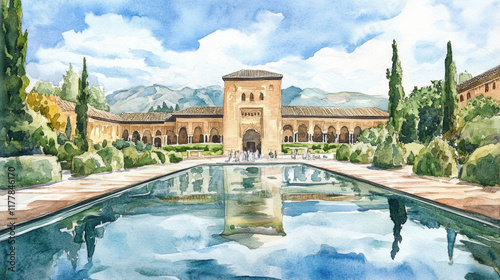 Elegant watercolor representation of Alhambra reflected on water surface.