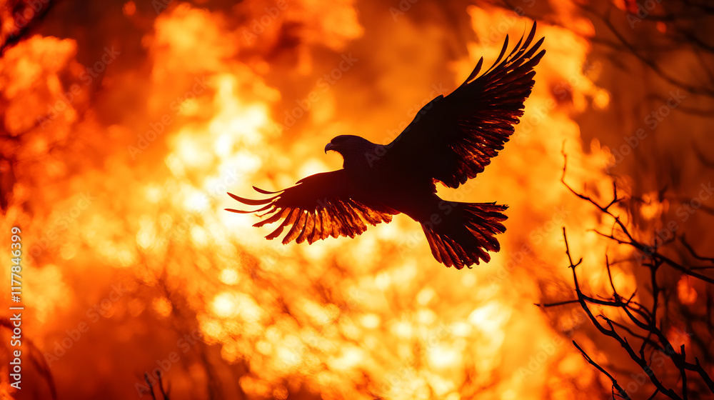 Fototapeta premium A fiery phoenix rising from ashes, with a glowing red and orange aura as the background, during an epic rebirth