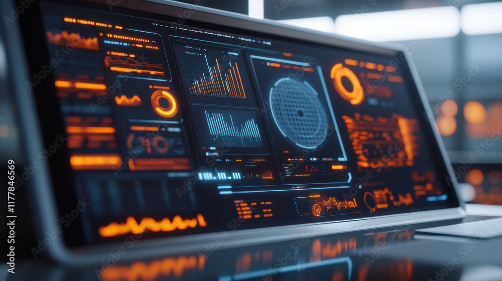 futuristic analytics dashboard with vibrant orange and blue digital displays showcases data visualizations and graphs on wide screen monitor, highlighting advanced technology futuristic analytics dashboard with vibrant orange and blue digital displays showcases data visualizations and graphs on wide screen monitor, highlighting advanced technology