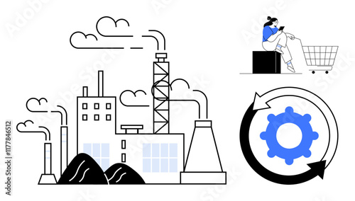 Factory with smokestacks, woman with smartphone on box and cart, circular arrow with gear. Ideal for themes industry, production, consumerism, technology, modern economy, sustainability