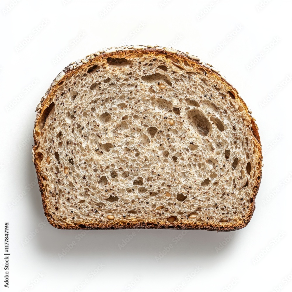 Slice of rye bread with visible seeds showcasing texture and color on a clean background Slice of rye bread with visible seeds showcasing texture and color on a clean background