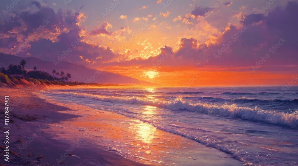 Fototapeta premium Serene spring beach view at dusk with vibrant colors and gentle waves reflecting the sunset