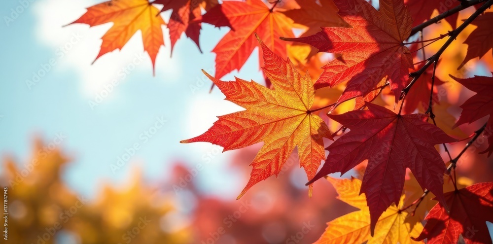 Crimson, gold, and russet maple leaves against a clear sky , foliage, November Crimson, gold, and russet maple leaves against a clear sky , foliage, November