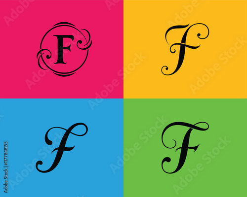 Fancy F Monogram Logo Set. Decorative Letter F Design in Four Vibrant and Contrasting Colors.