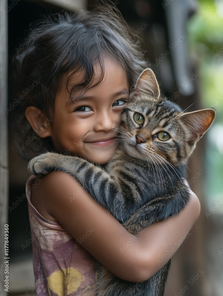 Child joyfully hugs pet cat while smiling warmly, expressing love and happiness in a natural outdoor setting during daytime Child joyfully hugs pet cat while smiling warmly, expressing love and happiness in a natural outdoor setting during daytime