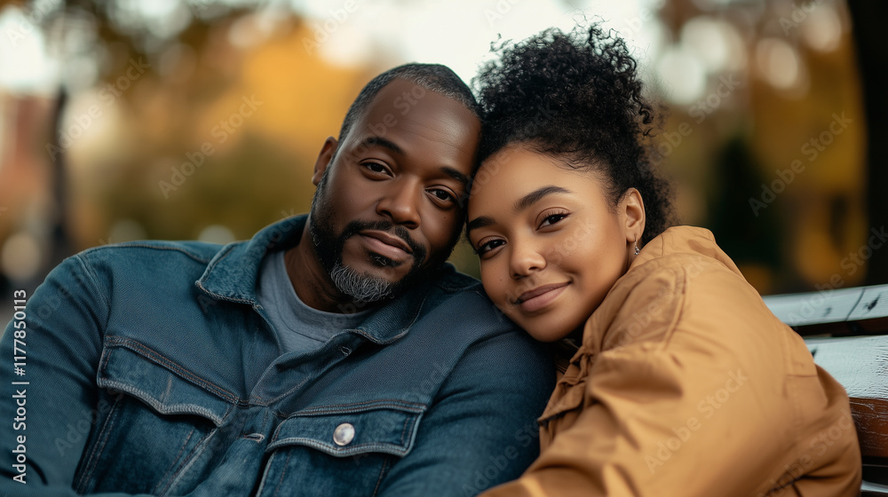 Couple enjoys a peaceful moment together on a park bench surrounded by nature and warm autumn colors Couple enjoys a peaceful moment together on a park bench surrounded by nature and warm autumn colors