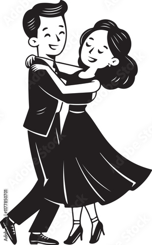 A Vector Illustration of a Joyful Couple Dancing with the Man in a Suit and the Woman in a Dress