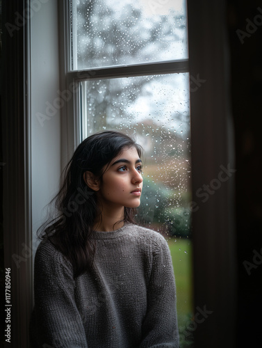 Reflective moment of a young woman gazing out a rain-soaked window in a cozy indoor setting during a gloomy afternoon Free Download Reflective moment of a young woman gazing out a rain-soaked window in a cozy indoor setting during a gloomy afternoon - GFXLoad