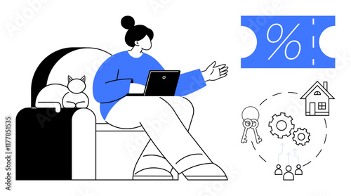 Woman sitting on a couch with a laptop, accompanied by a cat. She gestures towards a discount coupon, linked to house, keys, and gears. Ideal for home finance, remote work, real estate savings