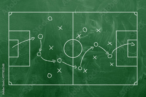 Soccer field with game strategy. Football tactic plan sketch. Coach board. Scheme with hand drawn players, lines and arrows. 