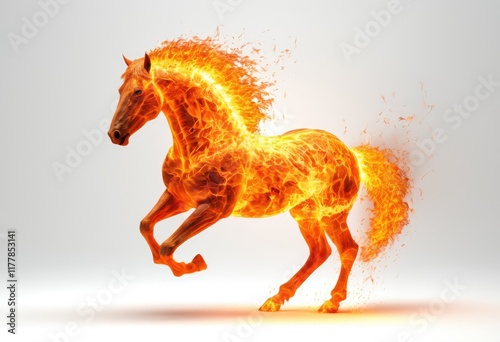 A horse made of fire gallops forward with glowing flames trailing its mane and tail. photo