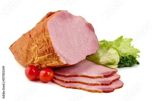 Sliced smoked pork loin, isolated on white background.