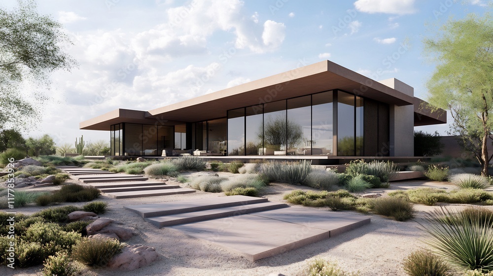 Exterior design of modern desert home clean lines large windows and a minimalist garden set in an arid landscape Exterior design of modern desert home clean lines large windows and a minimalist garden set in an arid landscape