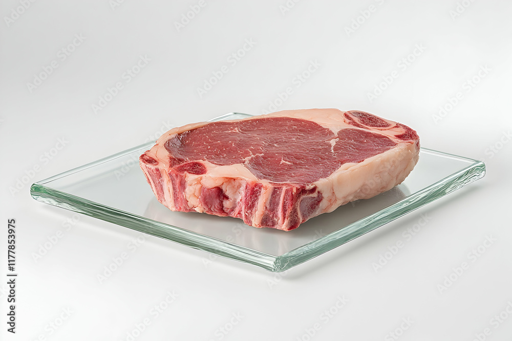 High-resolution prime ribeye steak presentation on a glass surface High-resolution prime ribeye steak presentation on a glass surface