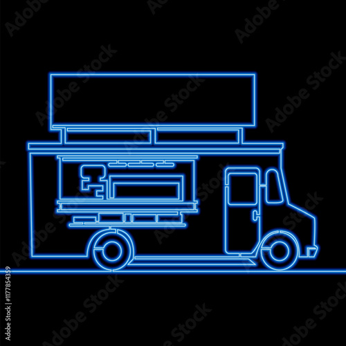 Street food van, mobile business and quick service icon neon glow vector illustration concept