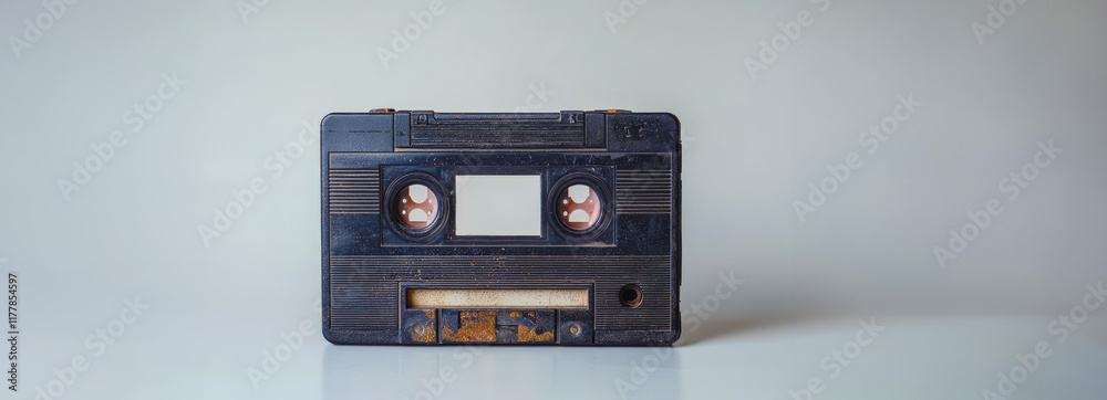 Fototapeta premium Retro Vibes: Weathered Cassette Tape Against a Crisp White Backdrop