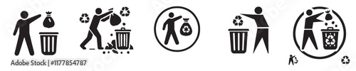 Vector collection of icons of people throwing rubbish in simple black and white designs