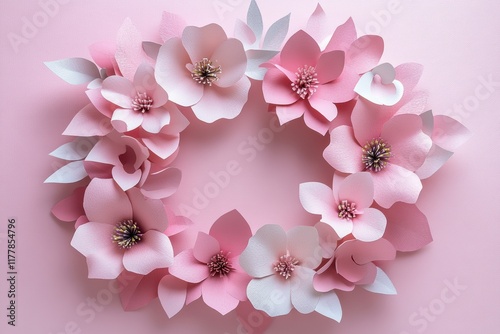 Beautiful Circular Wreath Made of Paper Flowers in Soft Pink Tones