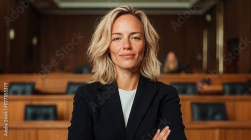 Courtroom action confident attorney in legal setting professional environment empowering perspective photo