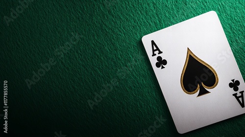 Close-up of an ace of spades playing card on a green felt surface. Classic casino game.