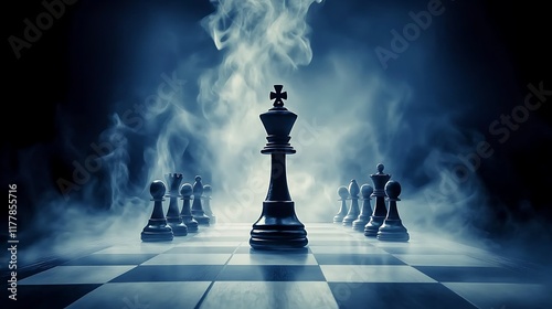 Chessboard in spotlight with toppled king emphasizing themes of competition and defeat