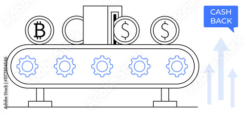 Conveyor belt carries currency symbols thumbs up Bitcoin and dollar coins past gears, with cashback sign and upward arrows. Ideal for fintech, automation, crypto transactions, financial rewards