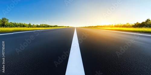 Asphalt road vanishing into sunset.