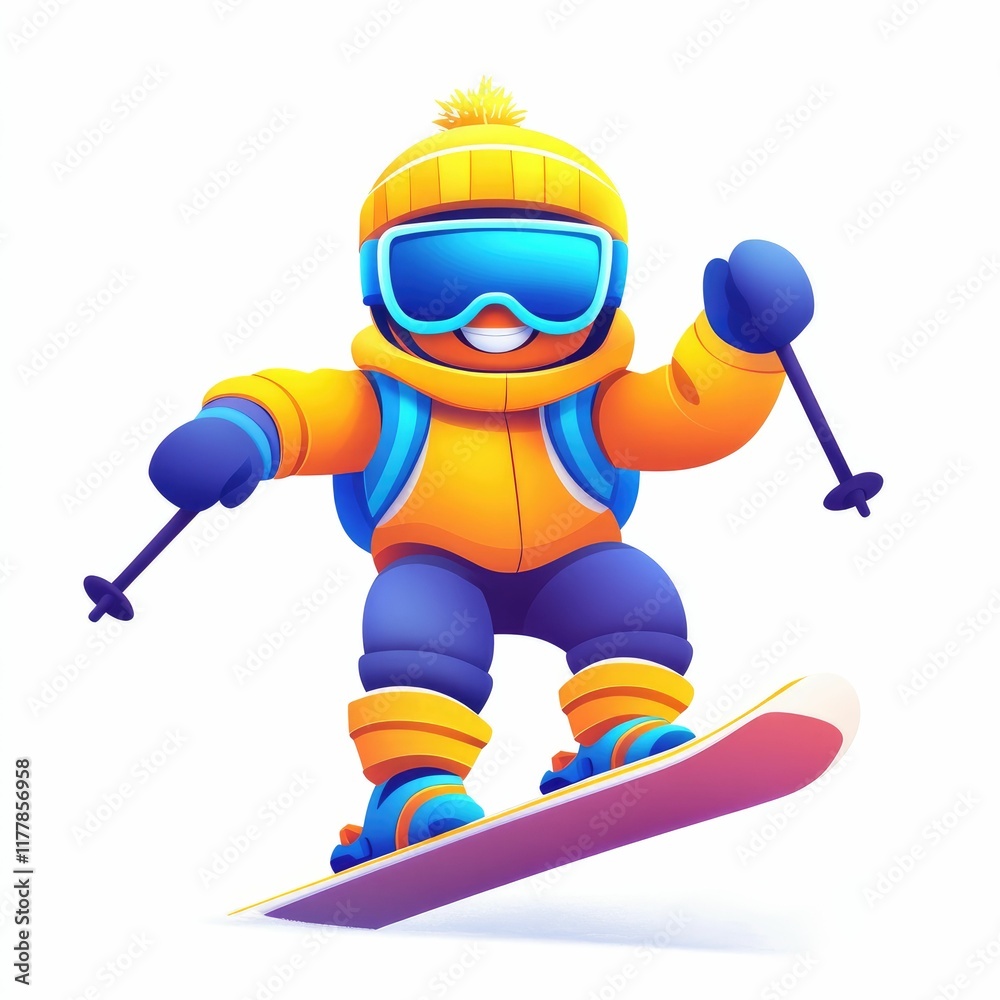 Fototapeta premium Cartoon skier in orange jacket and blue goggles enjoys downhill skiing.