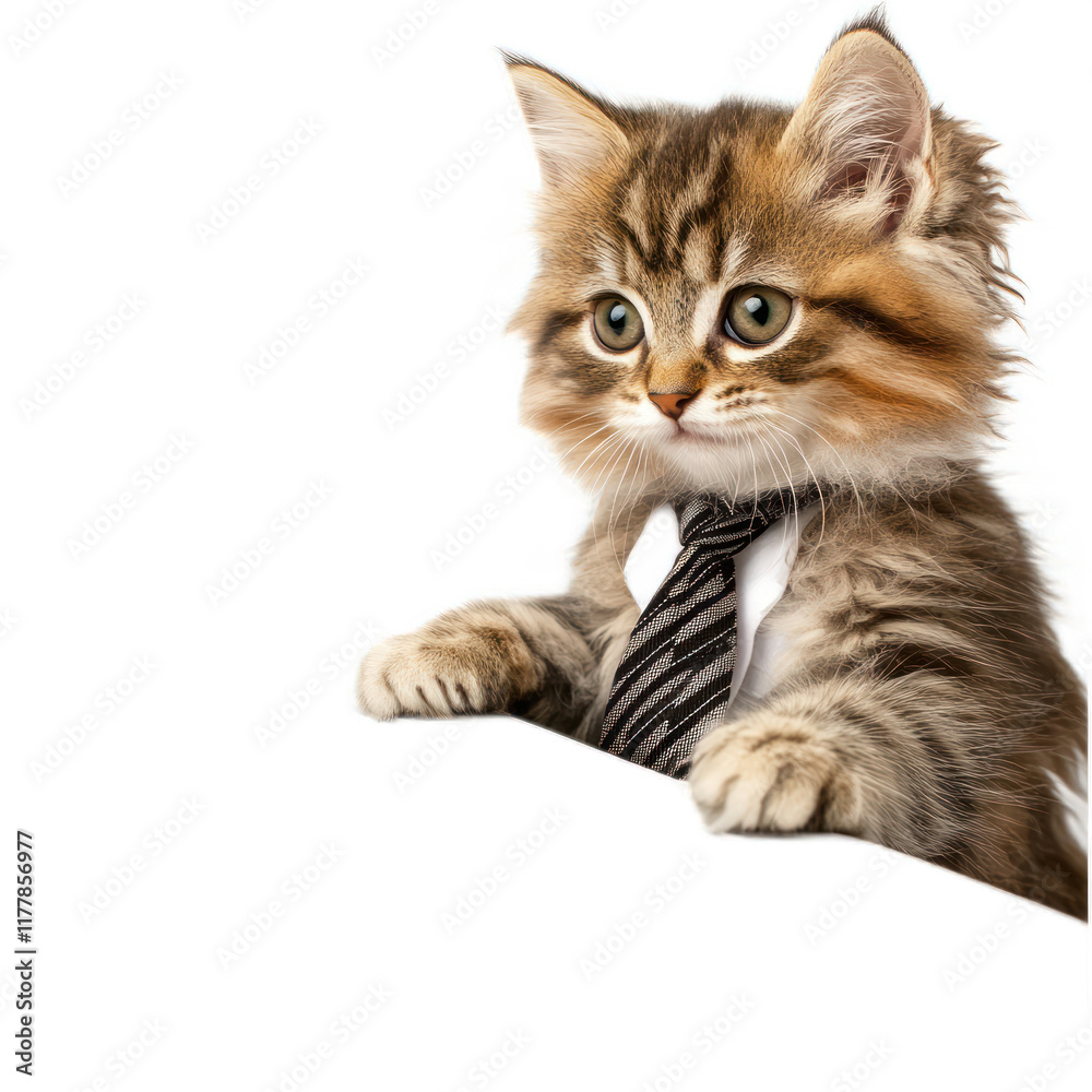 Obraz premium Adorable Young Kitten Dressed in a Formal Tie Standing on a White Background, Perfect for Business or Professional Themes in Pet Photography