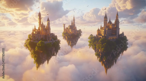 Fantasy castles floating in clouds against a dreamy sky