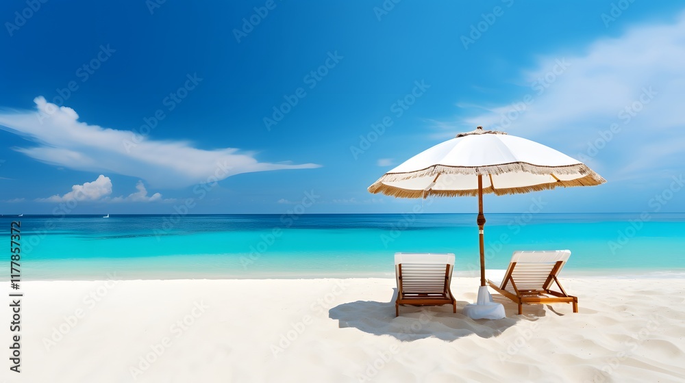 Fototapeta premium Tropical Beach Vacation, White Sand, Beach Chairs, Umbrella And A Beautiful Blue Sky With Scattered Clouds