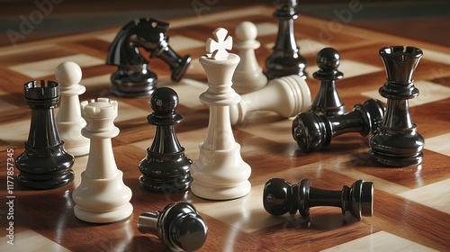 Dramatic lighting on chessboard highlighting toppled king illustrating themes of competition photo