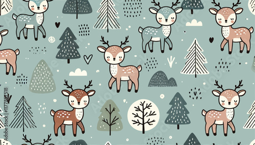 cute deer and trees doodle seamless vector pattern