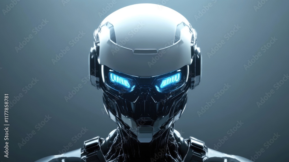 Fototapeta premium Futuristic robot head with glowing blue eyes, close-up view.