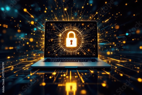 Digital security concept: laptop with glowing lock surrounded by abstract data particles