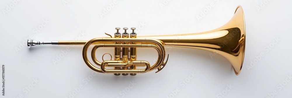 Fototapeta premium A gold trumpet is displayed on a white background. The trumpet is shiny and has a golden color
