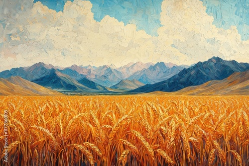 Fields of golden wheat with textured details and mountains rising in the distance