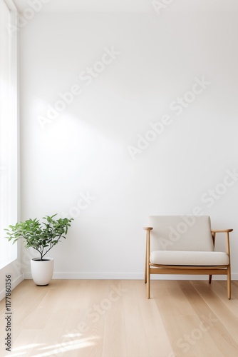 A white chair sits in front of a window with a potted plant. The room is empty and has a minimalist feel