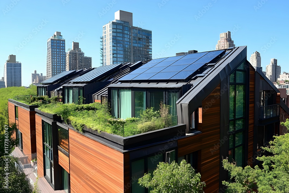 Fototapeta premium Innovative solar roof panels transforming green design in urban homes