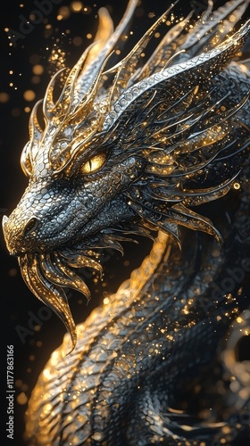 Detailed metal dragon featuring intricate scales and flames against a dark backdrop