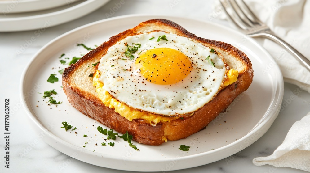 Fried Egg on Crispy Toast with Garnish, Breakfast on White Plate Fried Egg on Crispy Toast with Garnish, Breakfast on White Plate