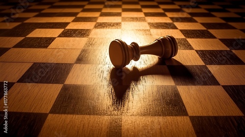 Fallen king on chessboard in dramatic light symbolizing defeat in rivalry