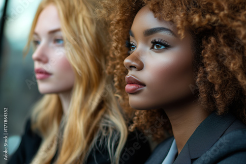 Portrait of two women engaged in deep thought during a reflective moment in a stylish urban setting photo