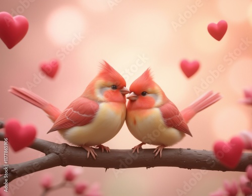 Two love birds sitting on a branch with hearts in the background