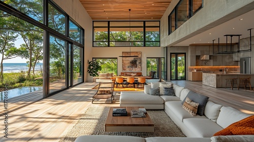 Cozy real estate listing beachfront home featuring modern architecture large windows and stunning ocean views