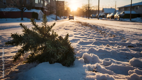 A discarded Christmas tree lying in snow at city street photo